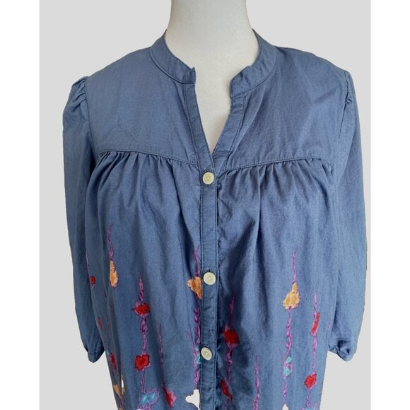 Old Navy Women's Blue Cotton Tunic Water Color Floral Print 3 Qtr Sleeve Sz Med - Picture 6 of 14